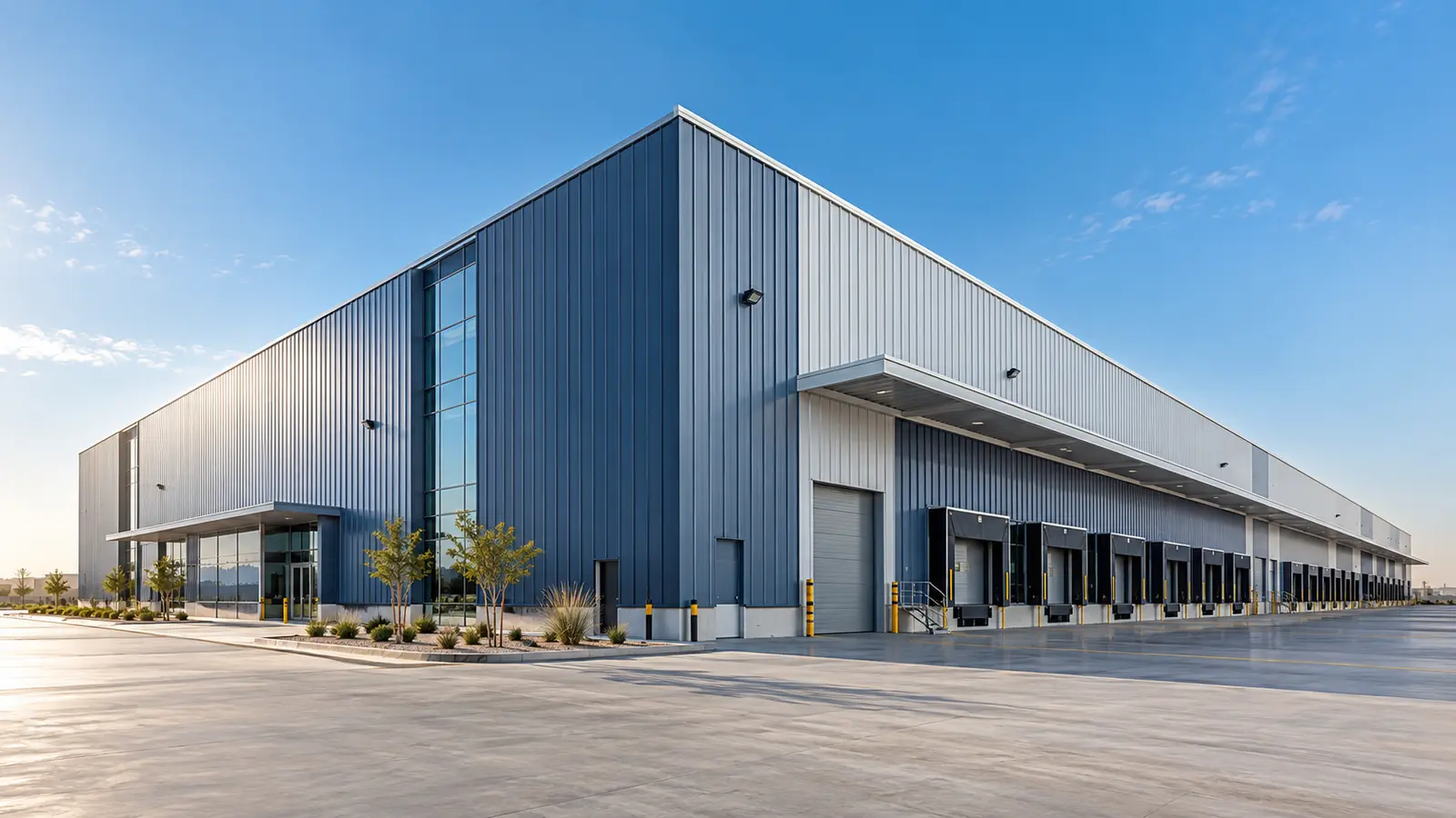 Illustrative industrial building with profiled metal cladding