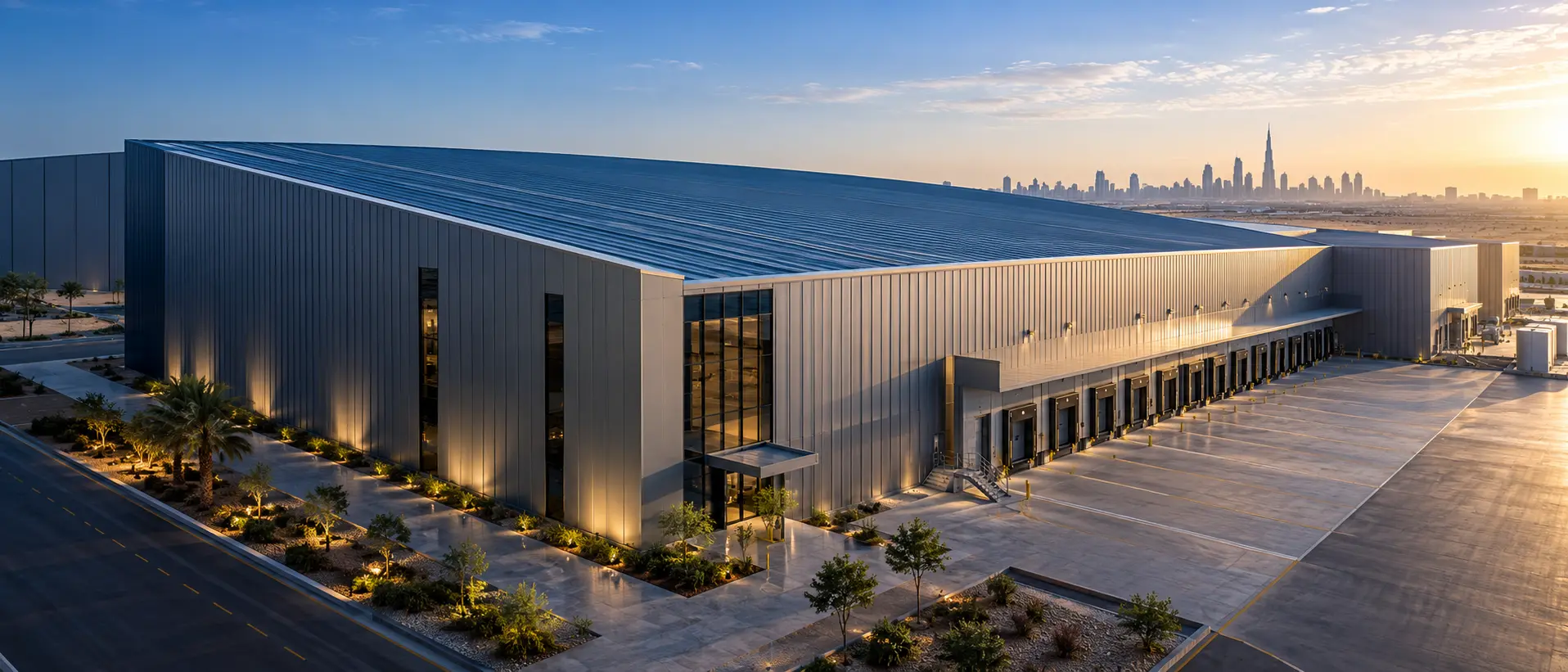Illustrative industrial building with profiled cladding and metal roof